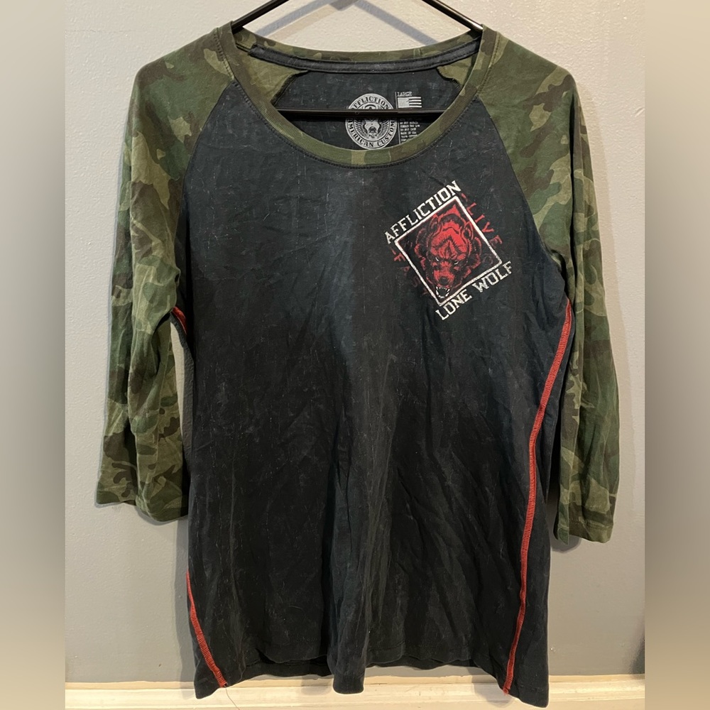 Affliction Women's Top Shirt Edgy Biker Size Large Lone Wolf Camo Y2K